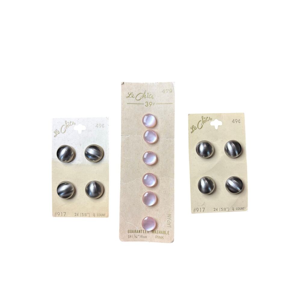 Vintage Buttons Lot of 3- Assorted- Metallic Silver tone Pastel Pink Le Chic